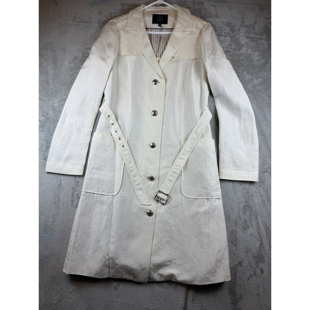 TOCCA Women's Trench Coat Size 10 Linen Ivory Belted Button Front Lined Classy